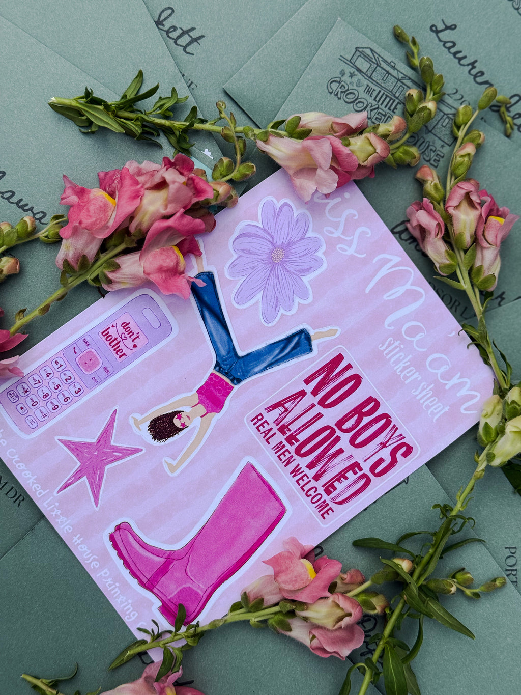 pink, whimsy sticker sheet with flowers on top